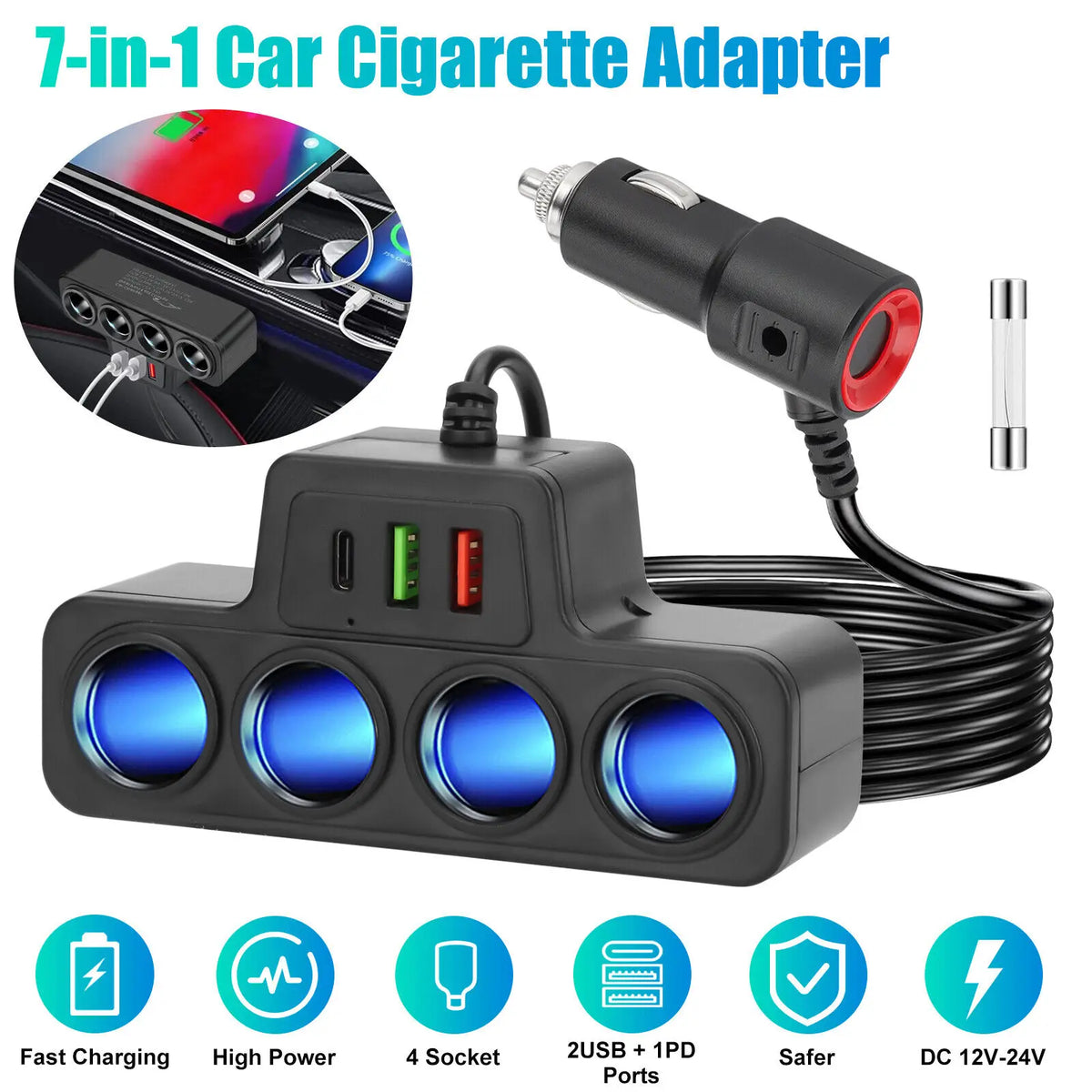4-Socket Car Cigarette Lighter Charger 120W 12V USB PD Quick Charger Power Adapter 1 to 4 Multifunctional Car Charger Socket