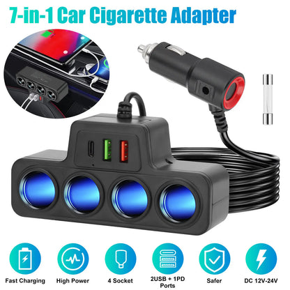 4-Socket Car Cigarette Lighter Charger 120W 12V USB PD Quick Charger Power Adapter 1 to 4 Multifunctional Car Charger Socket