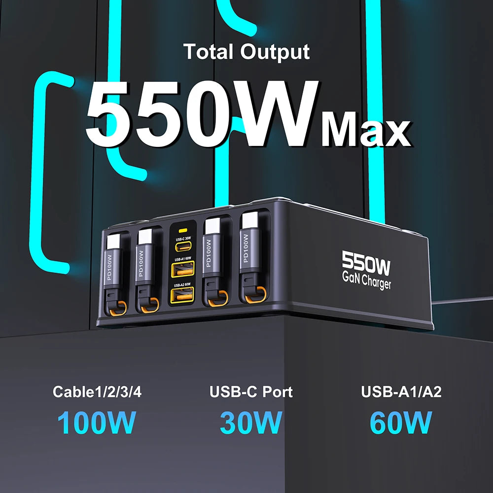 550W 7-in-1 Charging Station with 100W Retractable USB C Cable GaN Fast Charger for MacBook Pro iPhone 17 Samsung Laptop Tablet