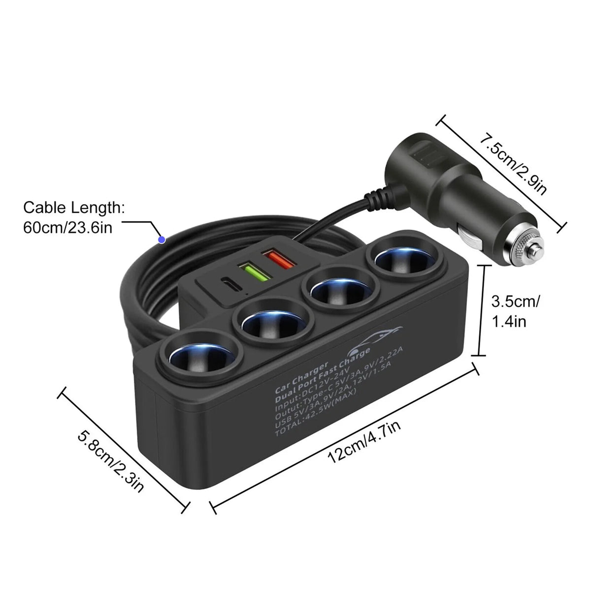 4-Socket Car Cigarette Lighter Charger 120W 12V USB PD Quick Charger Power Adapter 1 to 4 Multifunctional Car Charger Socket