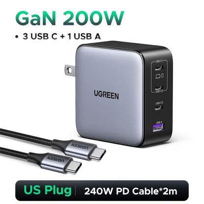 UGREEN 200W Travel GaN Charger PD 3.1 140W QC4.0 3.0 Quick Charge For Macbook Pro Laptops iPhone 17 16 Samsung S25 Xiaomi Tablet