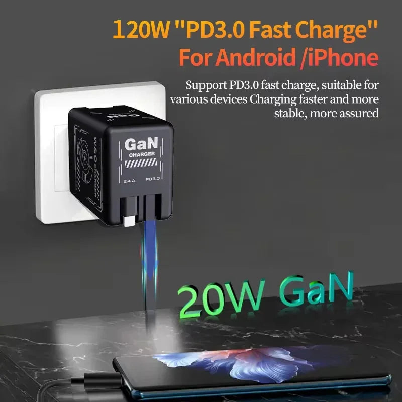 2026 New GaN 120W Fast Charger with Retractable Type-C Ligting Cable Portable Multi-Device Folding Adapter For iPhone Samsung