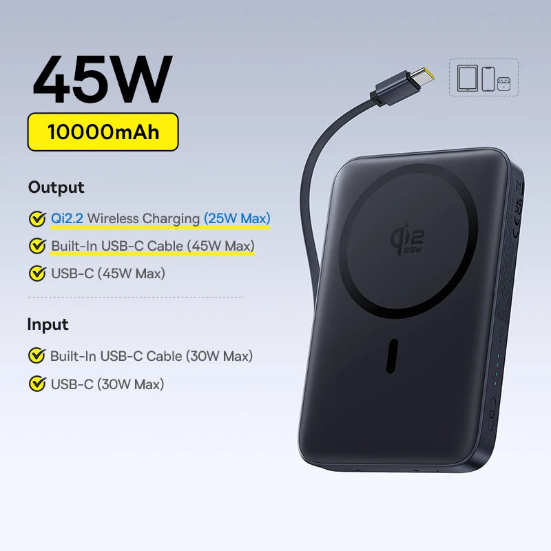 Baseus Qi2 Magnetic Power Bank 10000mah 15W Wireless Charging 22.5W Wired Charge Qi2-Certified for iPhone 16 15 14 13 12 Pro Max