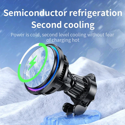 Ice Cooling Magnetic Wireless Car Charger Fast Charging Station for iPhone 17 16 15 14 13 Pro Max MacSafe Car Phone Holder Stand