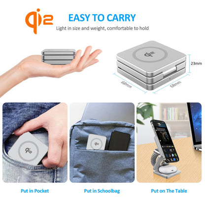 Qi2/Qi1 3 in 1 15W Magnetic Wireless Charger for Iphone 17 16 15 Fast Charging Folding for Apple Watch Airpods Wireless Charger