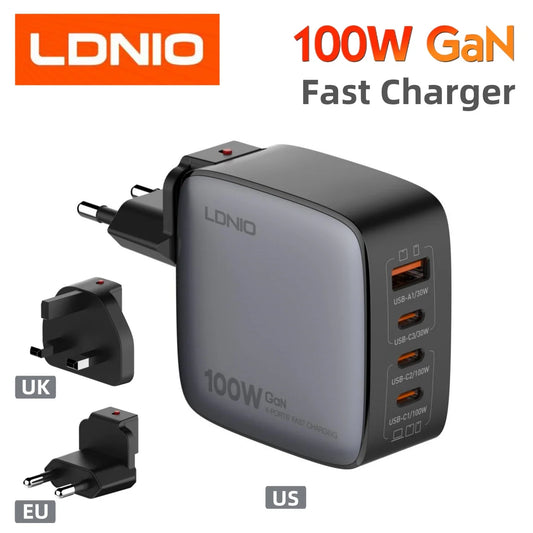 LDNIO 100W Charger Gan Fast Charge Type C USB Charging Station Phone Tablet Laptop Macbook Portable Charger EU UK US Plug Adapte