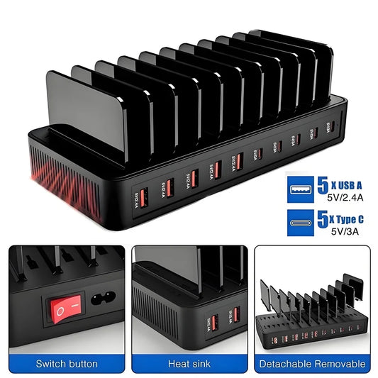 100W Multi-Functional Charger with 5 USB and 5 Type-C Ports Built-in Stand Compatible with Phone Tablet for Home Office Travel