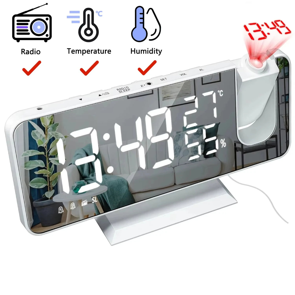 High Quality Alarm Clock Radio HD Projection Large LED Display Digital Smart Table Clock Ceiling Dimming for Bedroom Accessories