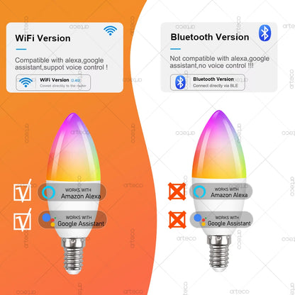 Tuya E14 Candle Lamps APP Control Smart Bulb Bluetooth Or WIFI RGBCW Light Dimmable LED Lamps 220-240V Smart Life Group Control