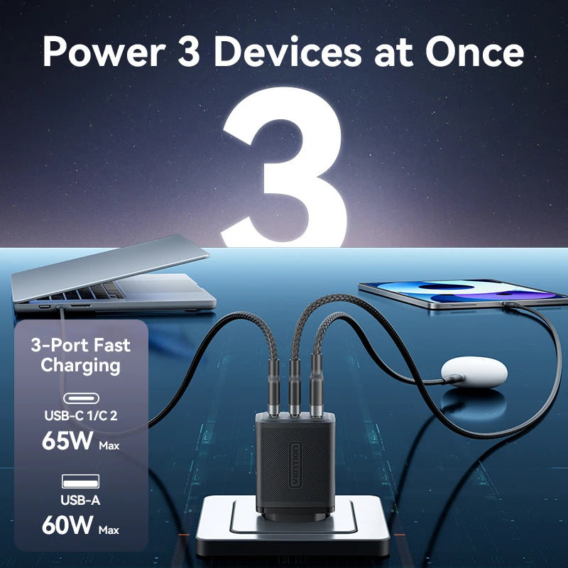 Vention 65W GaN Charger Quick Charge 4.0 3.0 Type C PD USB Charger Portable QC4.0 3.0 Fast Charger For Laptop IPhone 16 15 14 13