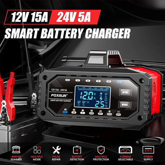 12V 24V Car Battery Charger 12V/15A 24V/5A Truck Motorcycle Smart Pulse Repair For AGM GEL Lead-Acid LiFePO4 Battery Charging