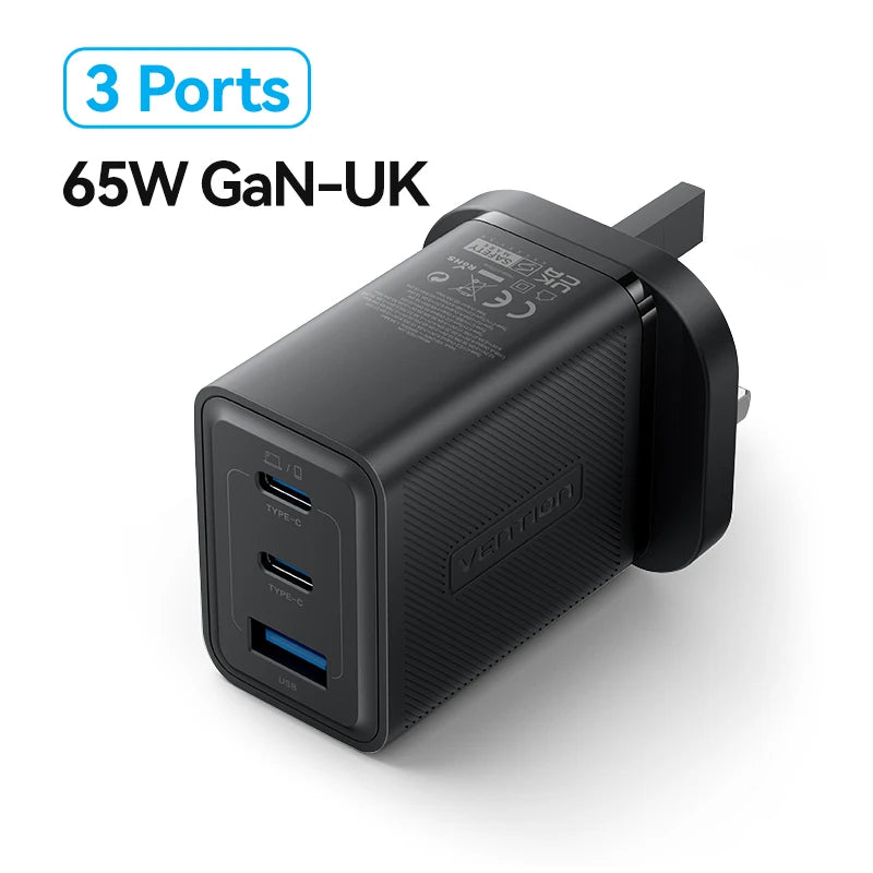 Vention 65W GaN Charger Quick Charge 4.0 3.0 Type C PD USB Charger Portable QC4.0 3.0 Fast Charger For Laptop IPhone 16 15 14 13