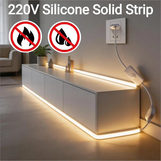 1-30M Flexible Solid Silicone COB LED Strip 220V, Waterproof, 3 Color Temperature Neon Light with Switch for Home Ambience Decor