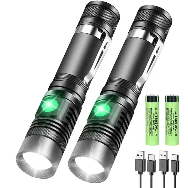 High Power T6 Led Flashlights Zoomable Camping Torch With Pen Clip Waterproof 4 Lighting Modes Multi Function USB Charger