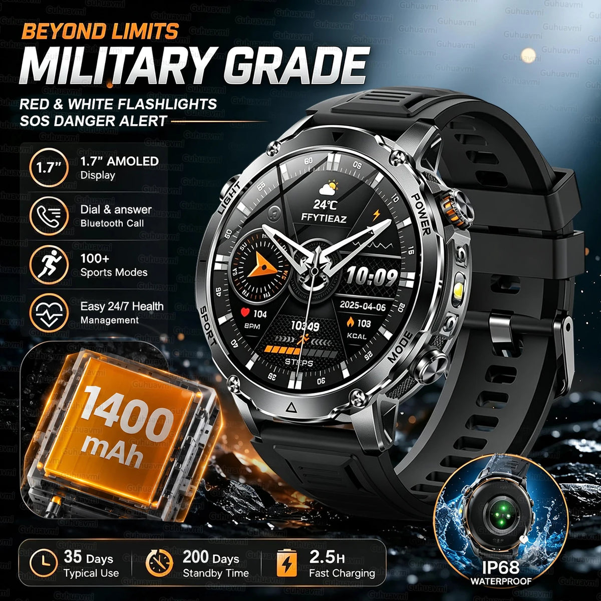 New 1400mAh Big Battery Smart Watch Men Outdoor GPS Flashlight IP68 Waterproof Bluetooth Call AMOLED Military Sports Smartwatch