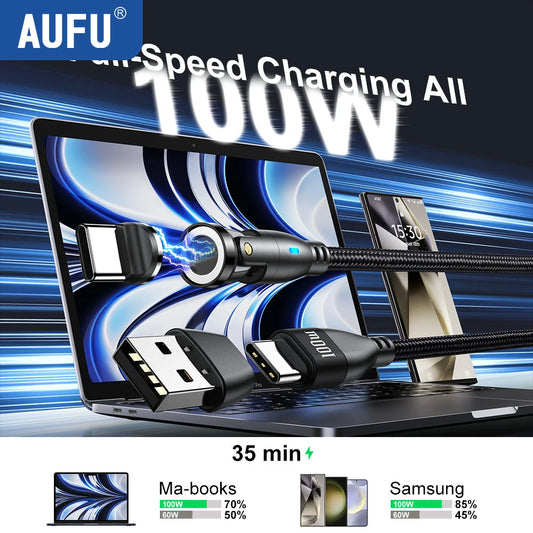 AUFU Magnetic USB Type C Cable 100W 5A Fast Charging Micro Type C Cable For Macbook Samsung for iPhone Magnet Charger Wire Cord