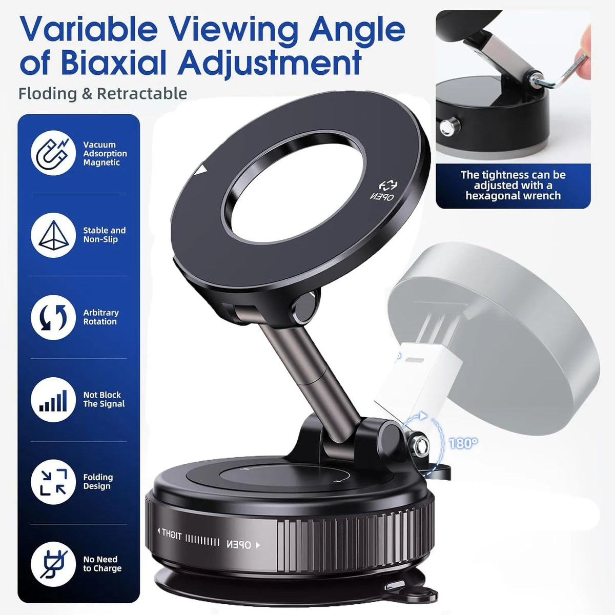 Upgraded Foldable Magnetic Car Phone Holder – N52 Magnet for Ultra-Strong Hold, 360° Rotatable, Dashboard Suction Cup, ABS
