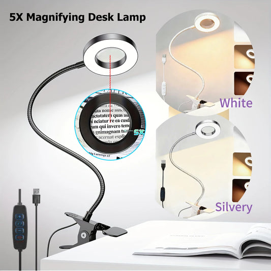 LED Clip-On Magnifying Desk Lamp 5X Magnifier USB Powered 3 Colors 10 Levels Dimmable Adjustable Flexible Gooseneck Sturdy Metal Clamp Base Makeup Reading Craft Repair Sewing Hobby Light for Office Study Bedroom Living Room W