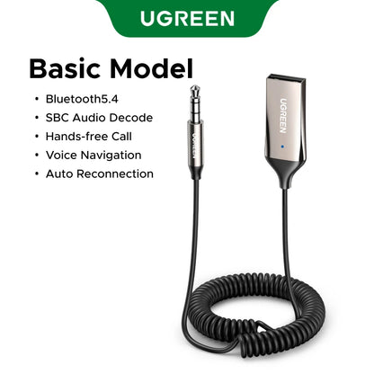 UGREEN Bluetooth 6.0 5.4  Aux Wireless Car Bluetooth USB to 3.5mm Jack Audio Mic Handsfree Adapter for Car Speaker