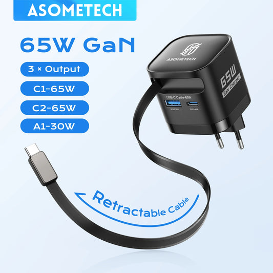65W GaN USB Charger with Type C Retractable Cable 3 Port QC4.0 PD3.0 PPS Fast Charger for Macbook Laptop iPhone 16 15 14 Xiaomi