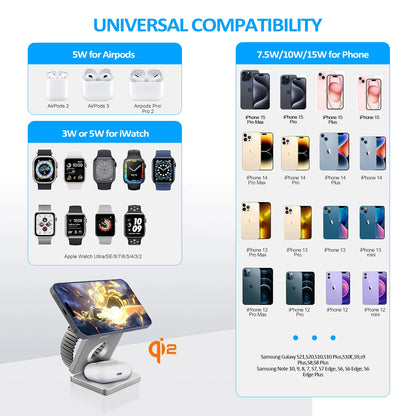 Qi2/Qi1 3 in 1 15W Magnetic Wireless Charger for Iphone 17 16 15 Fast Charging Folding for Apple Watch Airpods Wireless Charger