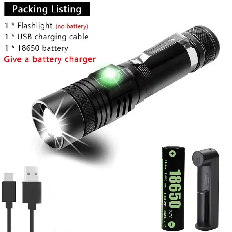 High Power T6 Led Flashlights Zoomable Camping Torch With Pen Clip Waterproof 4 Lighting Modes Multi Function USB Charger