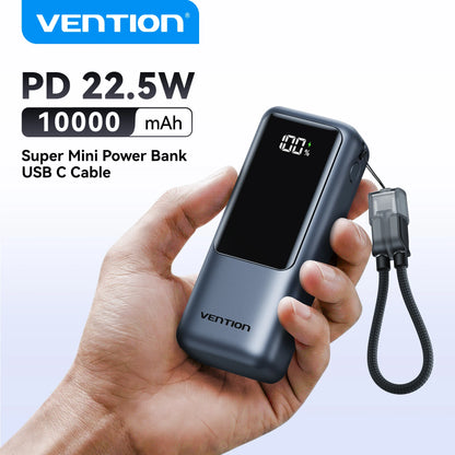 Vention 10000mAh Mini Power Bank 22.5w Portable Charger Built-in USB C Cable PD 3.0 Fast Charging for iPhone 17 Samsung S25 S24