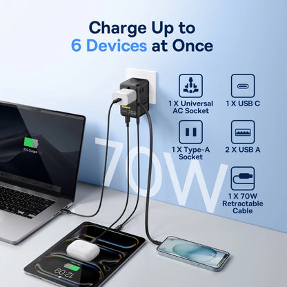 Baseus GaN Charger Universal Travel Adapter Built in 70W Retractable Cable 2AC 2 USB-A Type-C Fast Charging EU/UK/USA/AUS