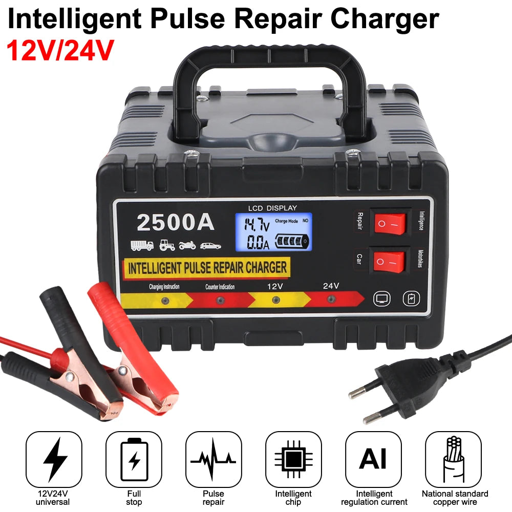 Intelligent Pulse Repair Charger Fast Charger For Car Motorcycle Lead-acid Battery Digital LCD Display 12V24V 220W EU Plug