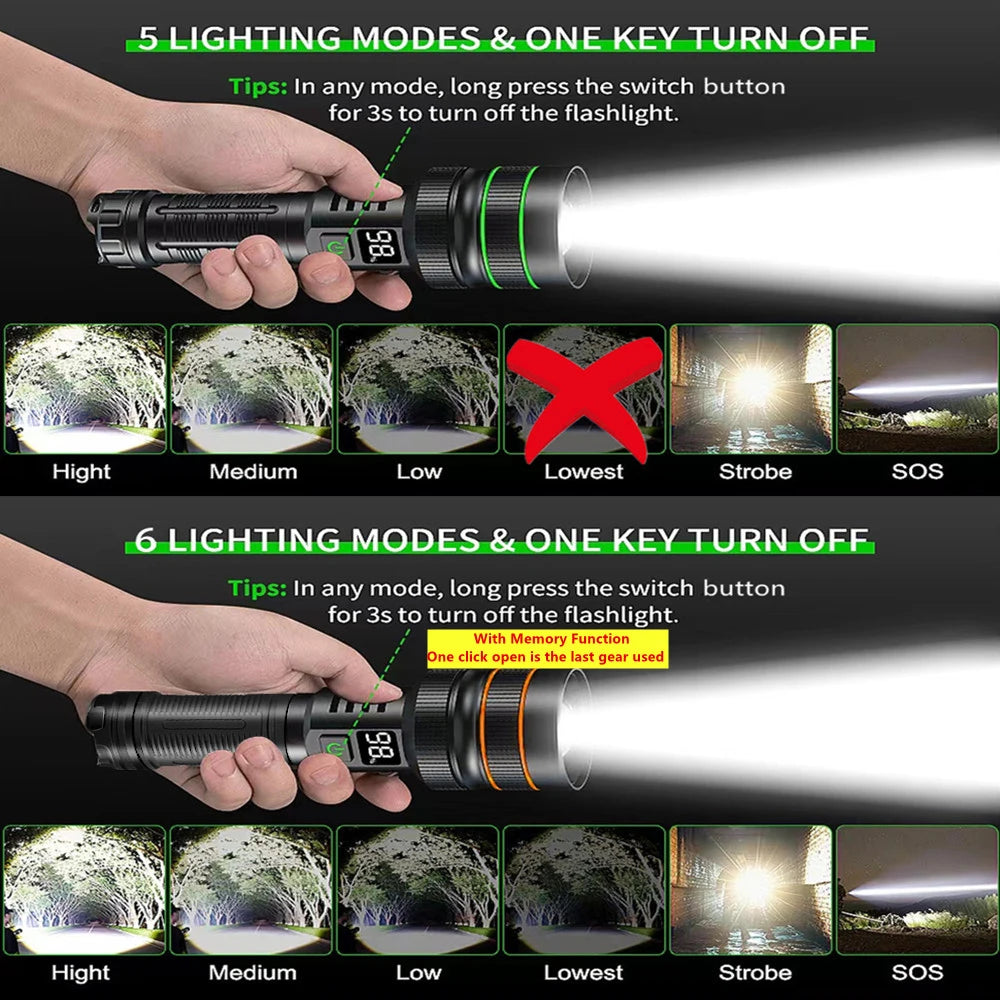 High Power LED Flashlight USB Rechargeable Powerful Tactical Torch Strong Light Lantern Super Long Range Lamp Outdoor Fishing