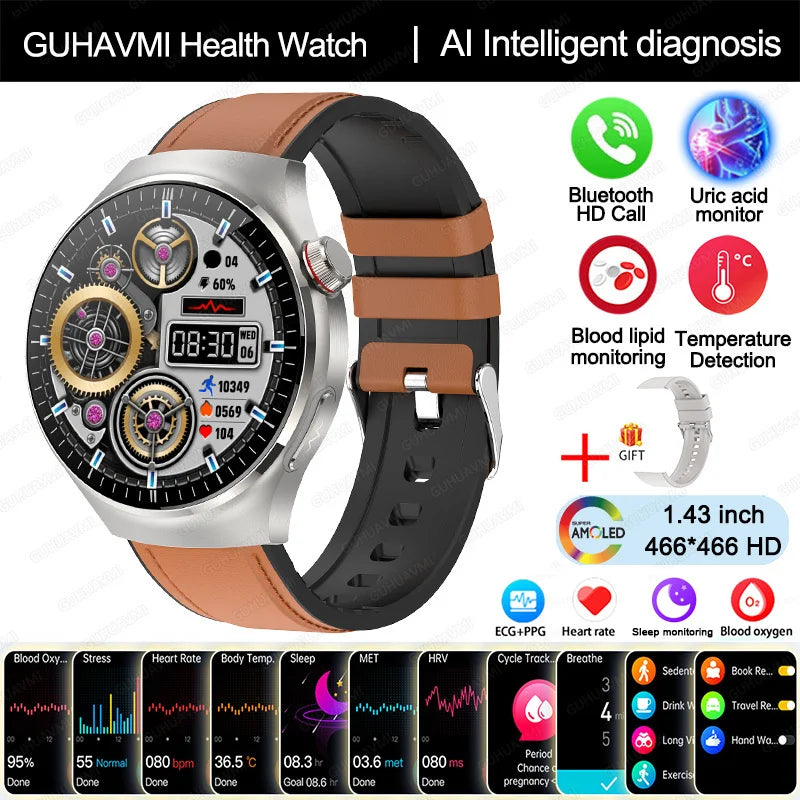 2025 New Nursing Grade Smart Watch Blood Oxygen Blood Lipid Uric Acid ECG+PPG Body Temperature Bluetooth Call Health Smartwatch