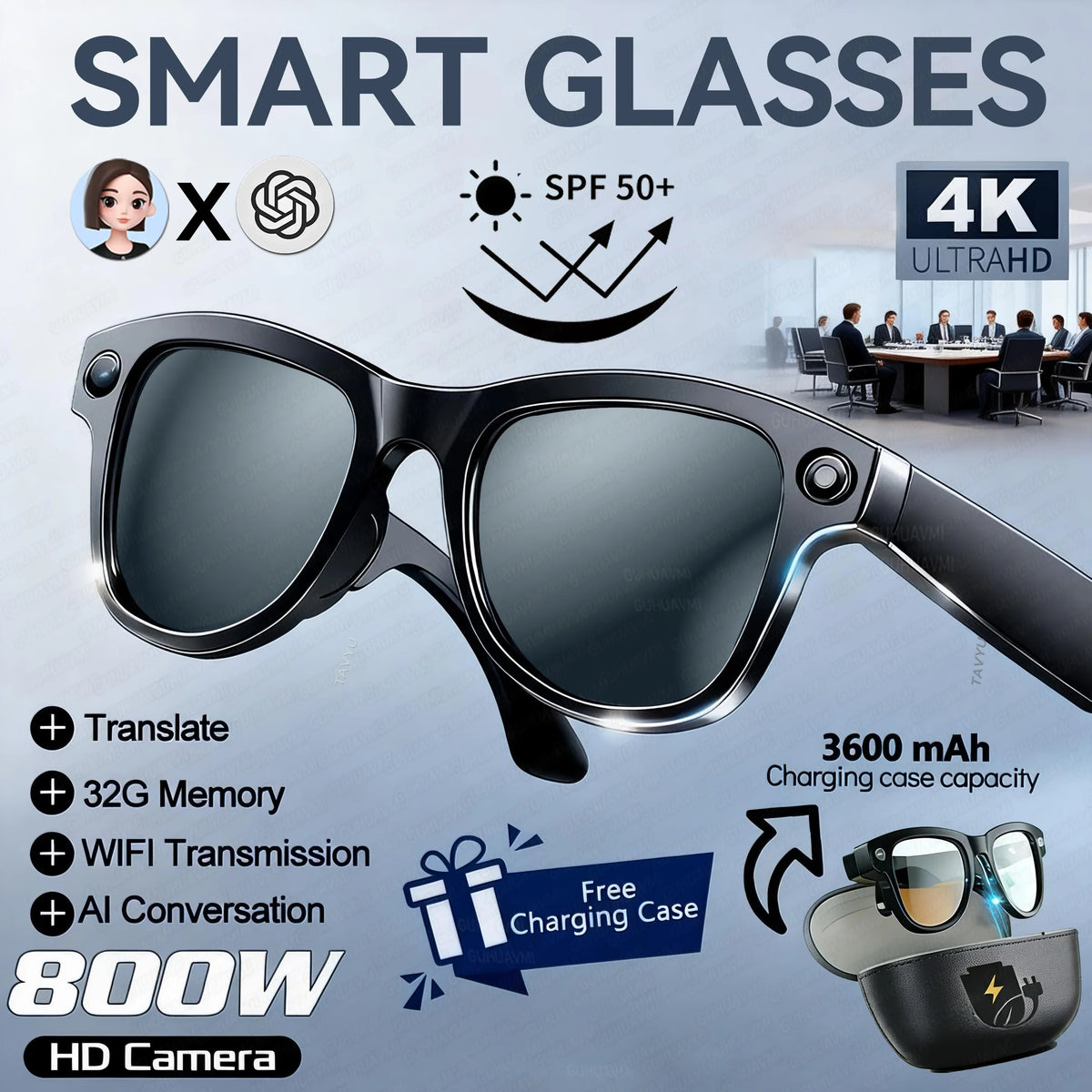 2026 Smart AI Glasses 1080P HD Camera M02 Ultra ChatGPT 3600mAh Charging Case Power Bank 32GB Translation Music Video Sunglasses