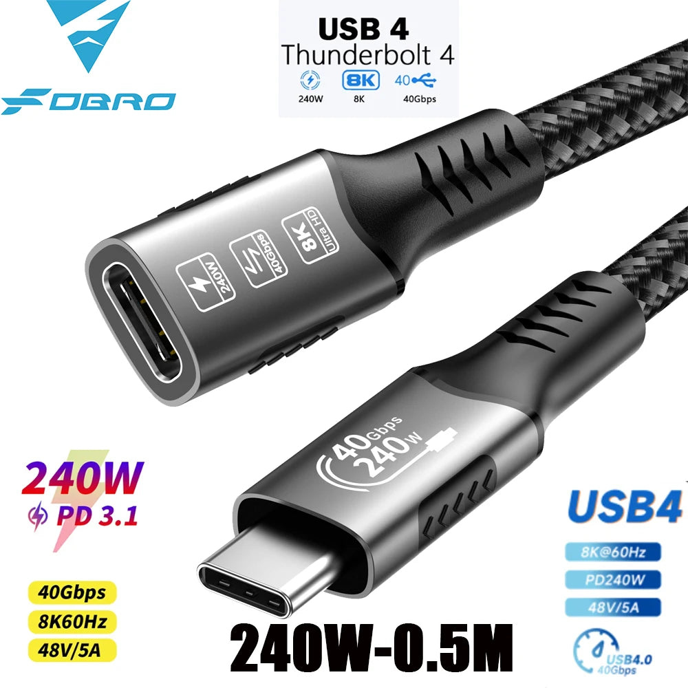 8K USB4 Type C Cable 40Gbps 240W PD3.1 QC4.0 For Samung Thunderbolt 4 Fast Charging Cable Thunderbolt3 USB C to C Data Transfer
