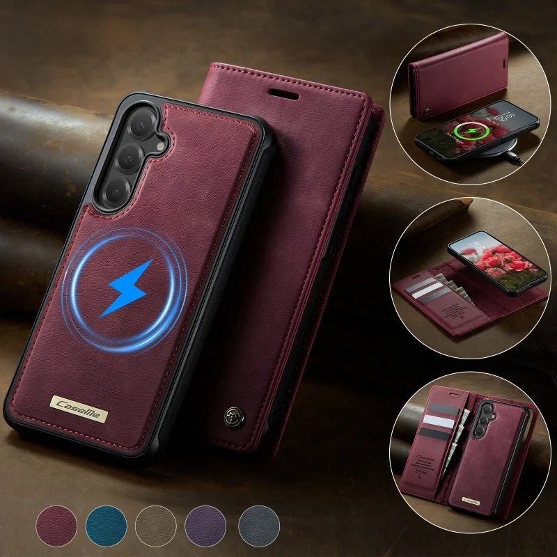 Magnetic Wireless Charging Leather Wallet Phone Case for Samsung Galaxy S26 Plus S25 FE S24 Ultra S23 S22 S21 A57 A17 Flip Cover