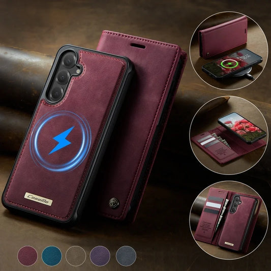 Magnetic Wireless Charging Leather Wallet Phone Case for Samsung Galaxy S26 Plus S25 FE S24 Ultra S23 S22 S21 A57 A17 Flip Cover