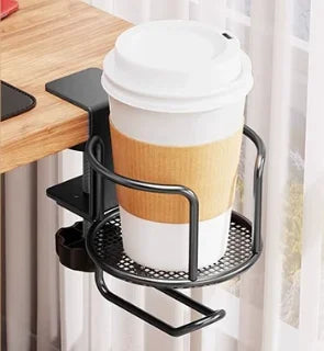 Fixed/Rotating Cup Holder, Drill-Free Arm Clamp Mount for Desk Table Edge, Anti-Spill & Anti-Fall Secure Holder