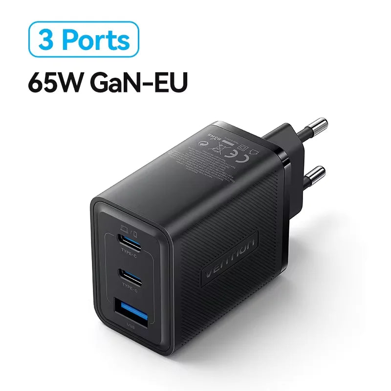 Vention 65W GaN Charger Quick Charge 4.0 3.0 Type C PD USB Charger Portable QC4.0 3.0 Fast Charger For Laptop IPhone 16 15 14 13