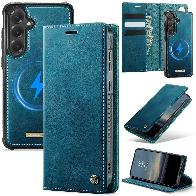 Magnetic Wireless Charging Leather Wallet Phone Case for Samsung Galaxy S26 Plus S25 FE S24 Ultra S23 S22 S21 A57 A17 Flip Cover