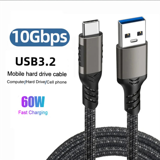 USB3.2 10Gbps USB Type C Cable USB A to C 3A 60W QC3.0 Fast Charging for Samsung NVMe Hard Disk External Android Data Braid 2M