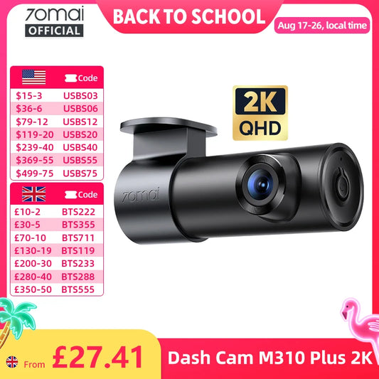 70mai M310 Plus 2K 1440P Dash Cam 143°FOV f/1.55 Large Aperture Smart Voice Control 24H Parking Guard Night Vision Car Camera
