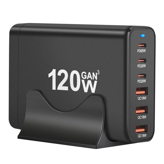 120W GAN Multi USB Charging Station 6-Port Type C Charger PD Fast Charging Station Smart Charger For iPhone 18 17 Samsung Xiaomi