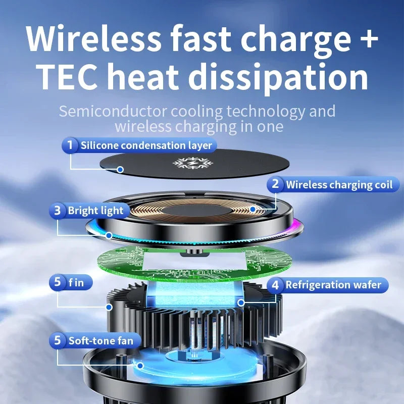 Ice Cooling Magnetic Wireless Car Charger Fast Charging Station for MagSafe iPhone 16 15 14 13 12 Pro Max Car Phone Holder Stand