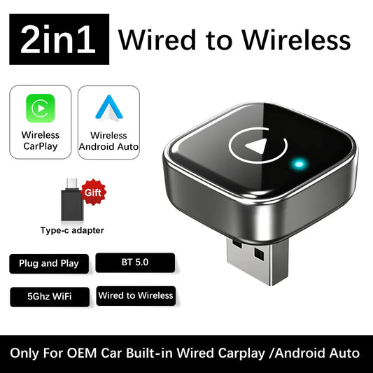 2-in-1 Wireless CarPlay Adapter Wired To Wireless Dongle for Apple & Android Auto Plug and Play for OEM Wired Smart Car Systems