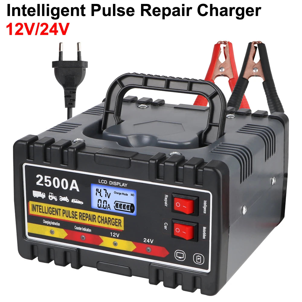 Intelligent Pulse Repair Charger Fast Charger For Car Motorcycle Lead-acid Battery Digital LCD Display 12V24V 220W EU Plug