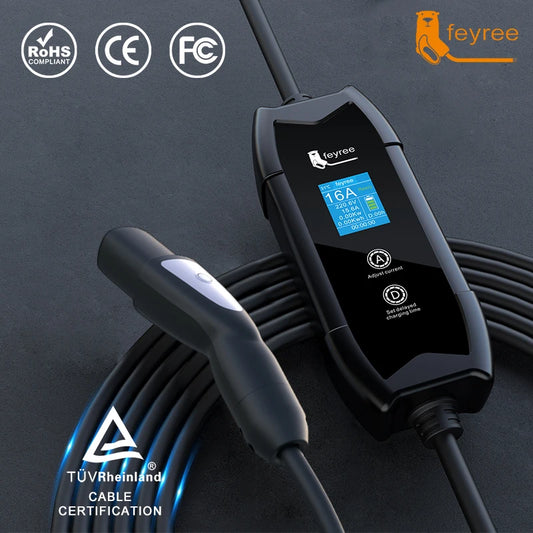 Feyree EV Charger Portable 3.5kW Tesla NACS Charger Plug 1.8" LCD Screen with Set Delay Schedule Charging Station for Tesla Cars