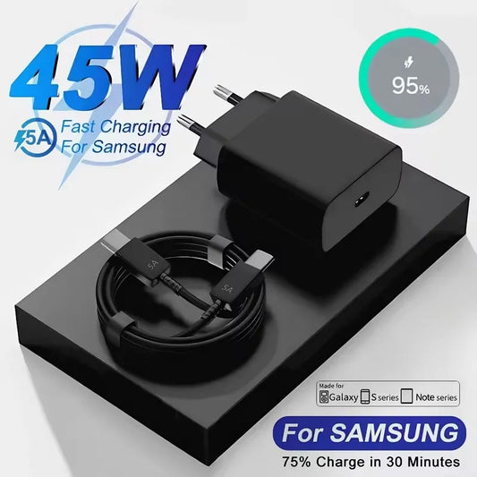 45W 5A PD Super Fast USB-C Charger For Samsung S21 S22 S23 S24 S25 Note 20 Ultra A06 A16 A35 A53 A54 A55 Type-C Charging Cable