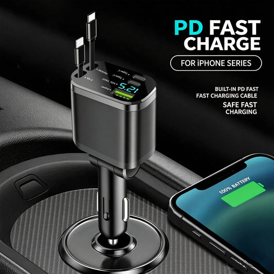 Digital display car charger with retractable cable car PD car fast charging super fast charging, flash charging, five in one cig