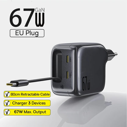 Baseus 67W GaN Charger With Dual Retractable Cable Fast Charger for iPhone Xiaomi Samsung Travel Charger Universal Phone Charger