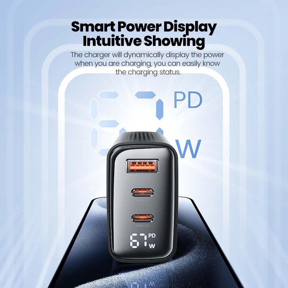 Toocki 67W GaN Charger Digital Display Quick Charge 4.0 3.0 Fast Type C USB Charger for Laptop iPhone Samsung Xiaomi Realme POCO