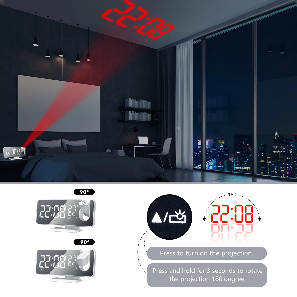 High Quality Alarm Clock Radio HD Projection Large LED Display Digital Smart Table Clock Ceiling Dimming for Bedroom Accessories
